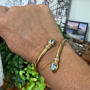 Sterling Silver Blue Topaz Cross over bracelet Gold wash